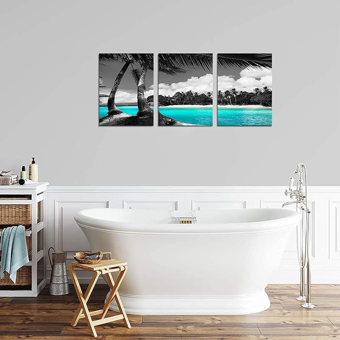 SkenoArt 3 Panels Teal Canvas Wall Art Black and White Hawaii Beach Pictures Tropical Palm Tree Artwork Giclee Prints for Bathroom Office Wall Decoration Framed Ready to Hang Each Piece 12"x16"
