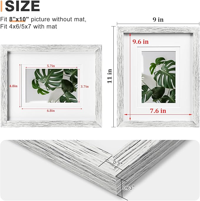 Egofine 8x10 Picture Frames Set of 4, Made of Solid Wood Covered by Plexiglass 4x6 and 5x7 with Mat or 8x10 without Mat, for Table Top Display and Wall Mounting Photo Frame Driftwood White