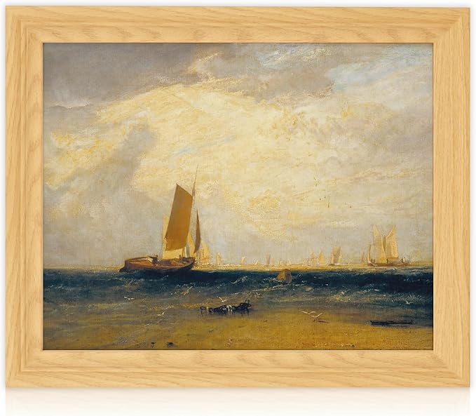 Brivoria Framed Canvas Wall Art Vintage Decor, Romantic Coastal Scene with Sailing Vessel Golden Sky Sunlit Tide and Shore Birds for Hallway Dining Room or Nautical Wall Decoration, 13"x16"