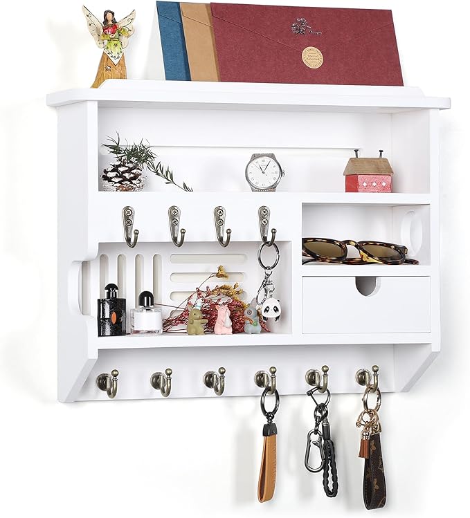 Key Holder for Wall, Mail Organizer Wall Mount with Storage Drawer and 10 Hooks, Easy Installation Key Holder Wall Mount for Home Decor, White