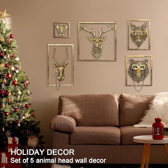 Animal Heads Wall Decor (5pcs, Includes Metal Frame) Resin Animals Sculptures Head Wall Hanging Decoration Gold vintage Wall Sculpture for Living Room Bedroom Office