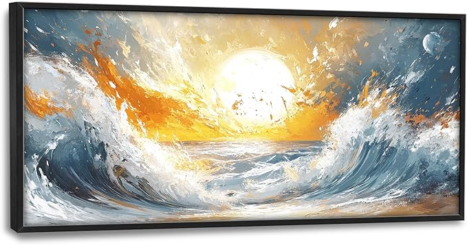 Trulave Ocean Sea Framed Wall Art for Living Room, Large Waves Canvas Wall Decor, Vintage Beach Sunset Pictures, Modern Artwork for Living Room Bedroom 60L'' × 30W''