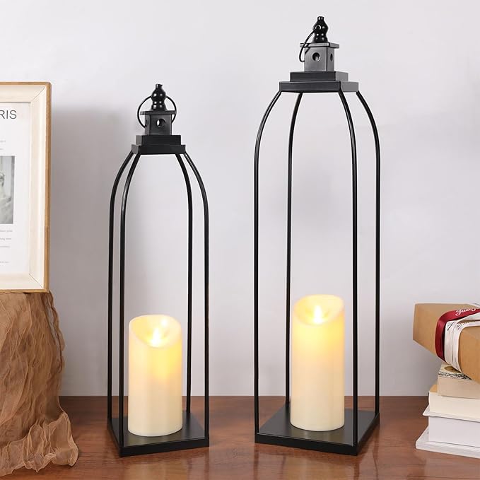 19'' 22'' Decorative Candle Lanterns, Large Farmhouse Decorative Metal Lanterns with 2 Flameless Candles, Black Candle Lanterns for Home Porch Fireplace Decor & Indoor and Outdoor Use