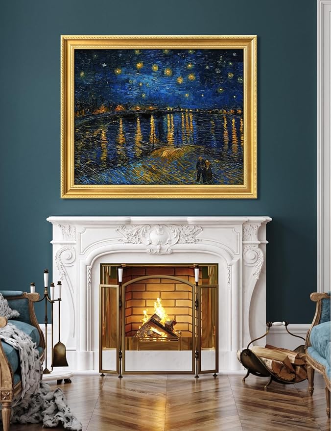 DECORARTS - Vincent van Gogh's Starry Night Over the Rhone. Museum-Quality Giclee Print on Cotton Canvas, Ornate Gold Solid Wood Frame, Framed Size: 34.75x28.75 in, Made in USA