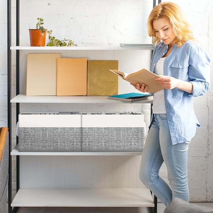 Fab Totes Foldable Storage Baskets - 6-Pack, Organize Toys, Books, Shelves, Closet - Large Storage Box with Rope Handles, Sturdy White & Grey Bins