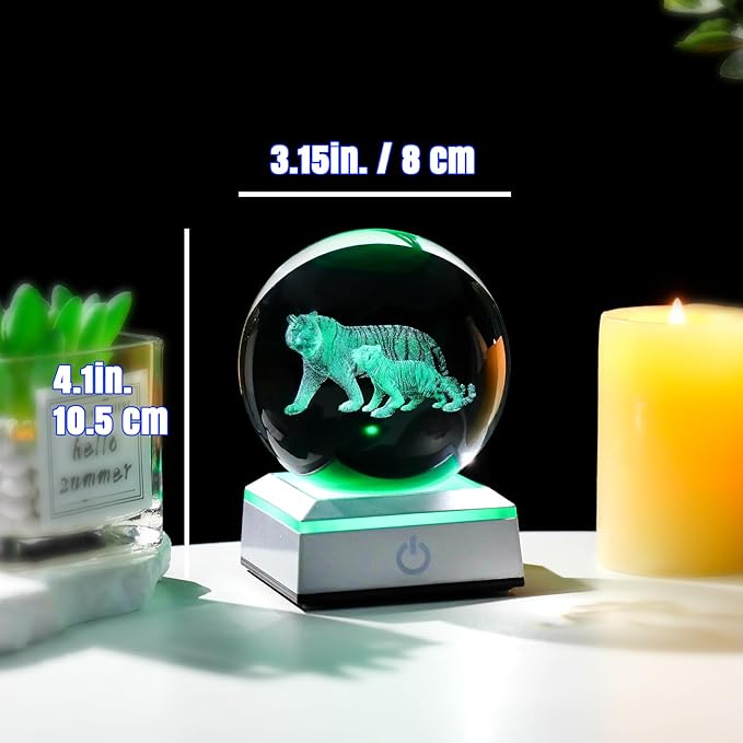 Ornalrist 3D Tiger's Crystal Ball with LED Light Base 3.15in - Tiger Gifts for Women, Mom on Mother's Day from Son, Daughter - 3D Crystal Ball Lamp Engraved Tiger Mother & Child Figurine Home Decor