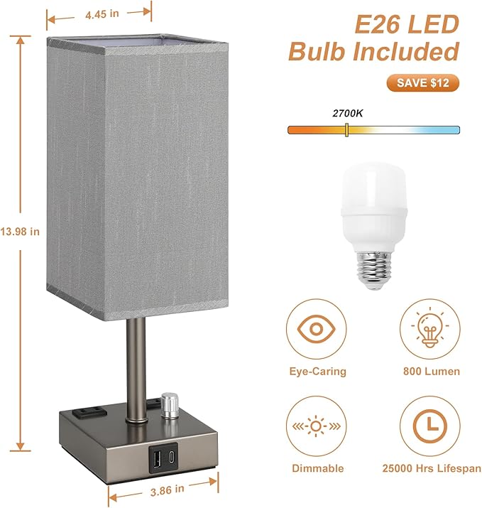 Grey Fully Dimmable Nightstand Lamps Set of 2 - Table Bedside Lamp with USB C+A Charging Ports & 2 AC Outlets, Square Lamp Sets Linen Fabric Shade for Bedroom Living Room(Bulb Included)