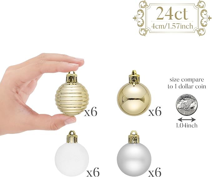 Valery Madelyn 1.57 Inches Small Christmas Tree Decorations Ornament Set for 4th of July Fall Halloween, 24ct White and Gold Shatterproof Hanging Ball Ornaments Holiday Party Decor
