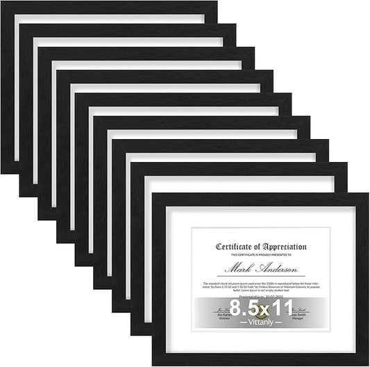 Vittanly 8.5x11 Picture Frames Set of 9, Shatter Resistant Plexiglass, Display 6x8 Pictures with Mat or 8.5x11 without Mat, Photo Frames for Wall or Tabletop, Engineered Wood, Black