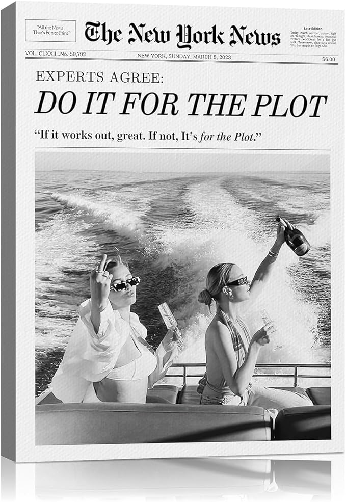 Trendy Newspaper Style Wall Art 8x10 Vintage Do It For The Plot Canvas Prints Decor Waterproof Fade-Resistant Black and White Wall Art for Apartment Bathroom Funny Retro Wall Decor for Bedroom
