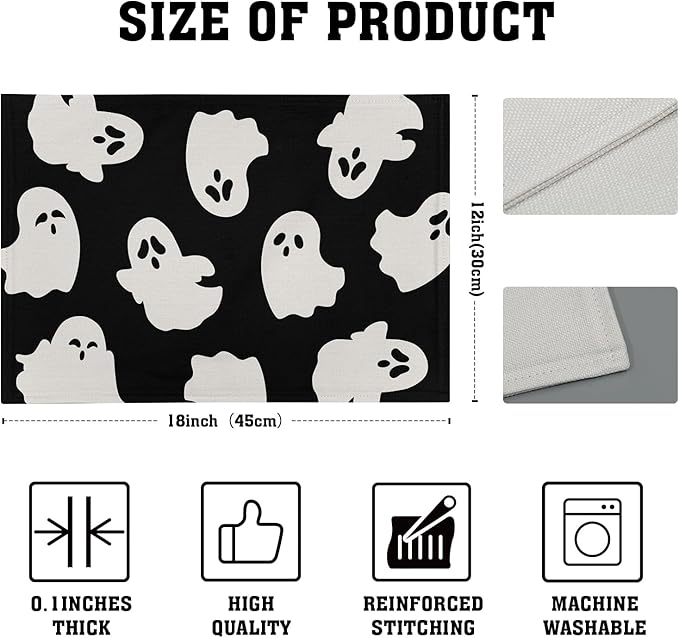Halloween Placemats 12×18 Inches Set of 4 Cute Ghosts Seasonal Holiday Indoor Kitchen Dining Table Place Mats for Home Party Decoration
