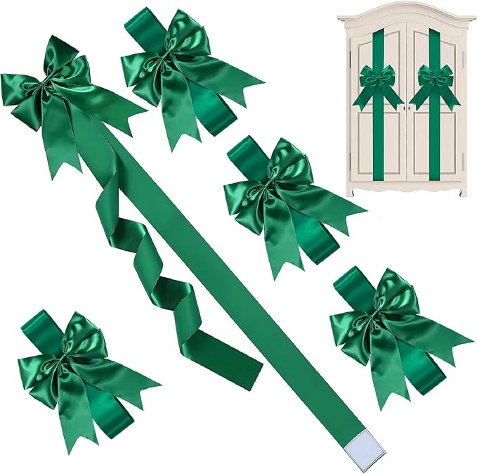 WILLBOND 4 Pieces Green Christmas Cabinet Ribbons Bows Large Bow Christmas Door Kitchen Cabinet Ribbon Bows Locker for Xmas Holidays Party Decorations Supplies