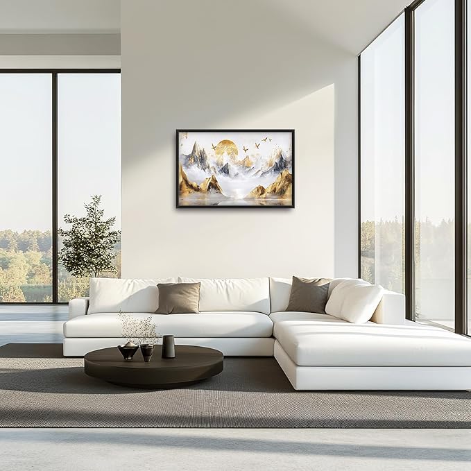 Extra Large Framed Abstract Mountain Wall Art,Golden Silver Sun Bird Wall Decor,Mountain Landscape Pictures for Living Room,Canvas Print Painting Modern Artwork Bedroom Office Bathroom 36L x24W