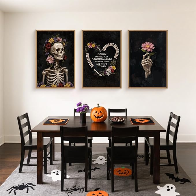 KAIRNE Halloween Gothic Skull Wall Art Set of 3, Spooky Skeleton Wall Decor and Horror Floral Prints, Dark Moody Canvas for Living Room, Bedroom, Goth Party Home Decor 16x24 inch