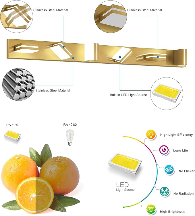 SineRise LED Modern Bathroom Vanity Light Fixtures (6-Light, 48-Inch), Brass Modern Acrylic Bathroom Wall Lighting Fixtures Over Mirror (Cool White 6000K)