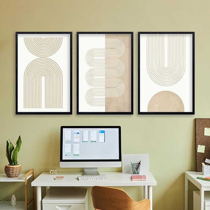 Wall Art Set of 3 Geometric Beige Spiral Wave 16"x24" Wooden Framed Mid Century Organic Abstract Neutral Sign Prints Nordic Boho Office Living Room Master Bedroom Wall Hang Decor (Black)