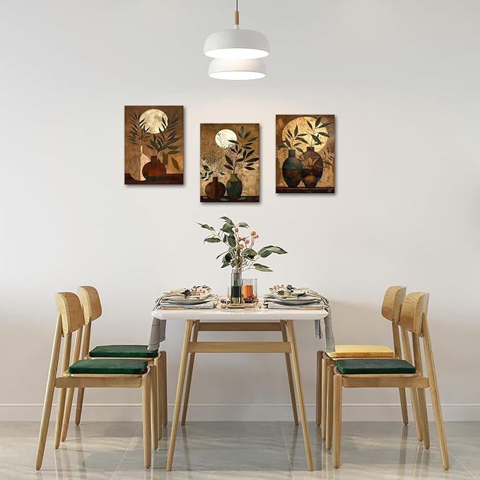ChaudArt 3 Pieces Green Branch in Brown Vase with Moon Decor Paintings Modern Canvas Wall Art Decor Artworks Pictures for Living Room Bedroom Kitchen Decoration