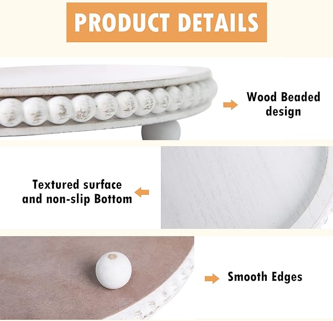 HPC Decor 12in Round Wood Tray - White, Distressed, Farmhouse Rustic - Decorative Tray for Living Room, Coffee Table, Kitchen Table or Farmhouse Serving Tray