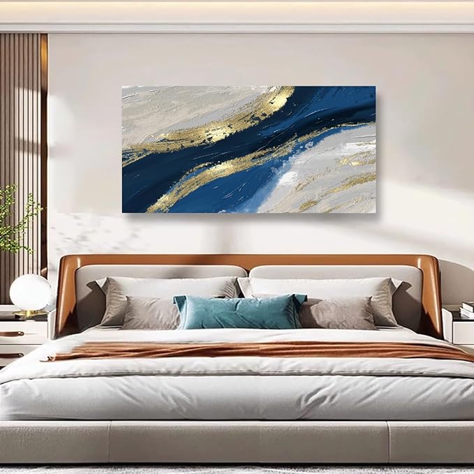 Golden Abstract Wall Art Bedroom Wall Decor Living Room,Blue Canvas Wall Art Office Farmhouse Paintings Artwork Modern Blue White Boho Wall Art Prints Pictures 20 * 40inch