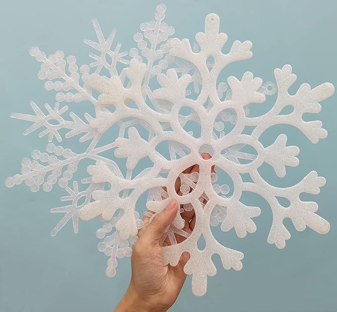 6pcs Large White Snowflakes Ornaments 12” Big Plastic Glitter Snowflake for Winter Indoor Outdoor Christmas Tree Window Room Decorations Giant Craft Snowflakes