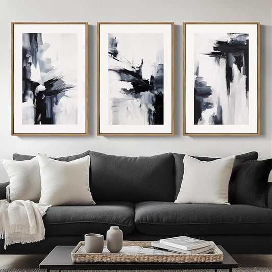 IARTTOP Large Abstract Modern Minimalist Neutral Framed Canvas Wall Art 16x24 Inch Black and White Wall Decor Set of 3 for Living Room Bedroom Office