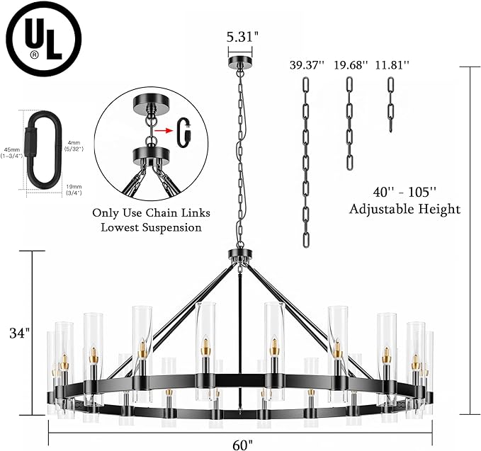 20-Lights Black Wagon Wheel Chandelier Modern Farmhouse with Glass Shade, 60 Inch Large Round Industrial High Ceilings Pendant Lighting Fixture for Dining Living Room, Kitchen Island, Foyer