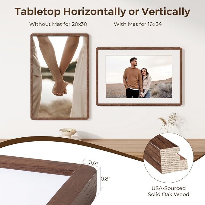 20x30 Picture Frame, 20 x 30 Poster Frame - Solid Oak Wood, 20 by 30 Frame with Tempered Glass, Rustic Wooden 20"x30" Frame with Mat for 16"x24", Minimalist 20x30 Frames for Wall, Walnut Color, 1 Pack