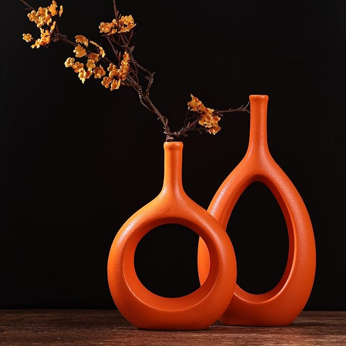 Orange Ceramic Hollow Elliptical Vase Set of 2 - Boho Circle Vase with Hole, for Modern Orange Table Decor, Living Room Decor Shelf mid Century Modern Home Entrance Decorative vase