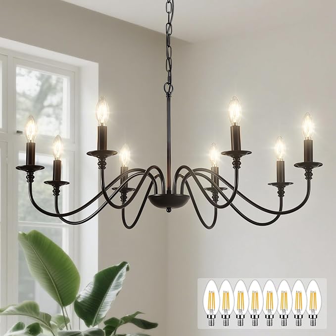 Depuley Black Chandelier Light Fixture: Modern 8-Light Modern Farmhouse Chandelier for Dining Room Lighting - Industrial Hanging Pendant Lights Kitchen Island - Vintage Candle Chandeliers for Foyer