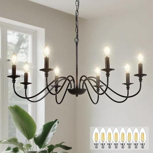 Depuley Black Chandelier Light Fixture: Modern 8-Light Modern Farmhouse Chandelier for Dining Room Lighting - Industrial Hanging Pendant Lights Kitchen Island - Vintage Candle Chandeliers for Foyer