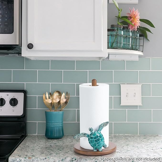 Turtle Paper Towel Holder - Coastal Decor for Home Ocean Decor Beach House Beachy Themed, Sea Turtle Gifts for Women, Cute Decorative Paper Towel Holder Stand Countertop Kitchen Nautical Teal Wood