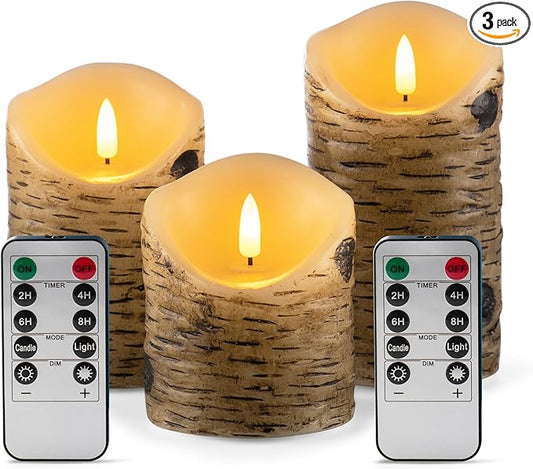 Birch Bark Effect Flameless Candles Battery Operated Pillar Real Wax Flickering Electric LED Candle Sets with Remote Control Cycling 24 Hours Timer, 4" 5" 6" Pack of 3