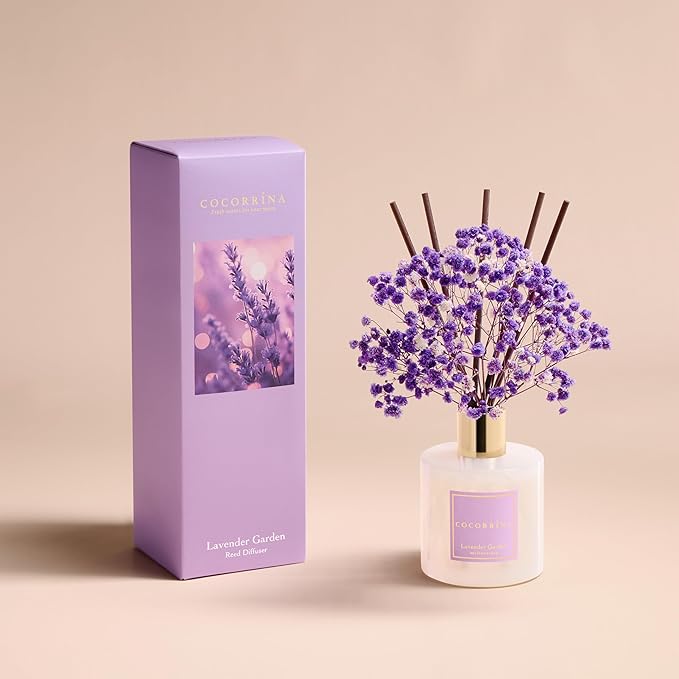 COCORRÍNA Reed Diffuser - Lavender Garden 6.7 Fl.oz Reed Diffuser Set with Sticks & Preserved Baby's Breath, Reed Diffuser for Home Bathroom Shelf Decor
