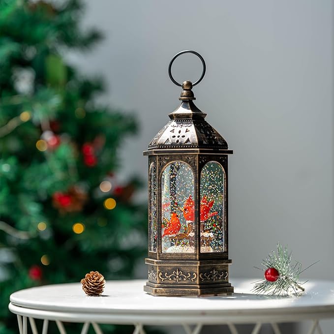Christmas Snow Globe Lantern Water Glittering 10.5'' Cardinal with Music& Timer, USB Lined/Battery Operated Lighted Lantern for Christmas Festival Decoration Gifts
