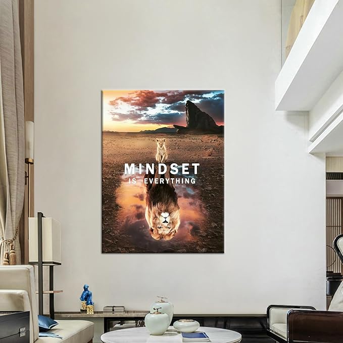 Motivational Canvas Wall Art Inspirational Poster Prints Mindset is Everything Small Cat Big Lions Picture Cute Animal Painting Framed Artwork for Home Office Decor Ready to Hang [30''W x 40''H]