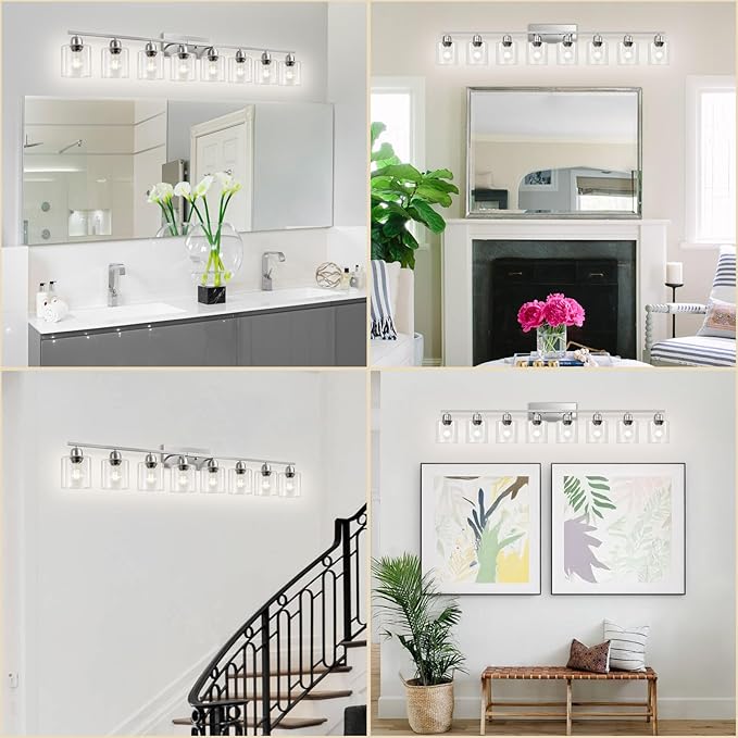 Brushed Nickel Light Fixture Bathroom, 8 Light Mirror Lights with Clear Glass, 51 inch Bathroom Mirror Lights for Oversized Mirrorss, E26 Socket