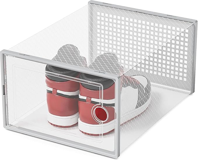 Kuject XX-Large Shoe Storage Boxes Organizers Clear Plastic Stackable 12 Pack, Shoe Rack & Holder Substitute, Sneaker Containers, Toy Storage Organizer Bins for Entryway, Closet, Under Bed, Grey
