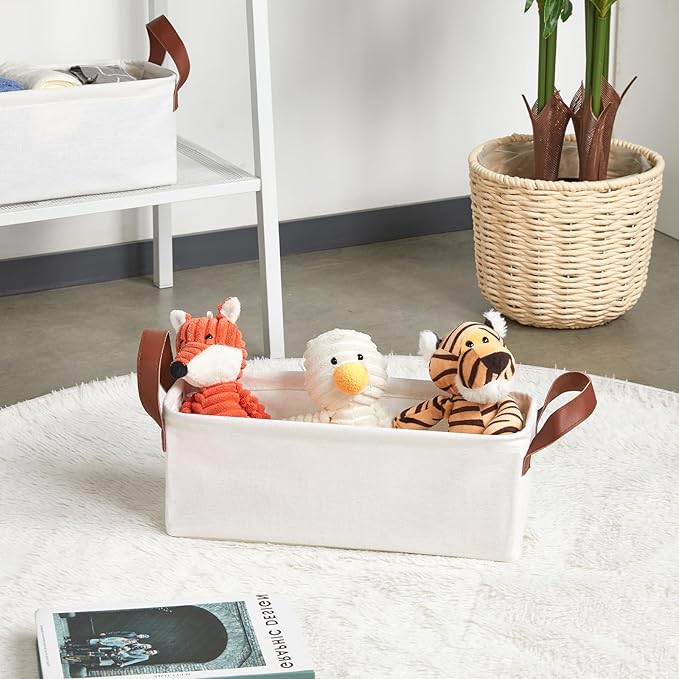 DULLEMELO Small Storage Bins, Fabric Storage Bins Closet Baskets for Organizing with PU Handles, Rectangle Closet Storage Bin with Metal Frame, Natural Color, 2-Pack