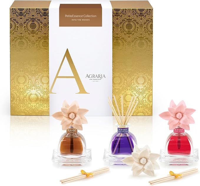 AGRARIA Into The Woods PetiteEssence Collection, Handmade Sola Flower Reed Diffuser Set of 3, Luxury Home Fragrance Scented Oil Diffuser Gift Set