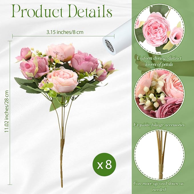 Geosar 8 Bundles Artificial Peonies Flowers Fake Silk Peony Bouquet Faux Peonies Flowers Bulk for Decoration Vase Florals Arrangements Wedding Party Table (Russet Red,Light Pink)
