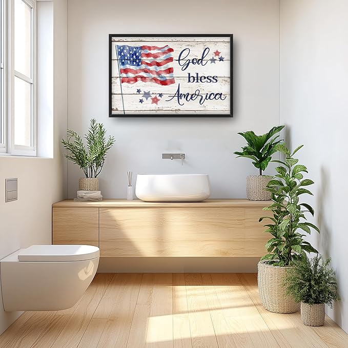 Lovira God Bless America Sign Large Wall Art American Flag USA Canvas Wall Decor Patriotic Pictures Prints Painting Framed Modern Home Artwork for Living Room Bedroom Bathroom 24"x36"