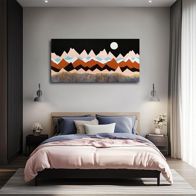 NBAODAN Abstract Wall Art Mountain Artwork Landscape Nature Art for Bedroom Colorful Wall Prints 24"x 48" Full Moon Canvas Picture for Office Dining Room