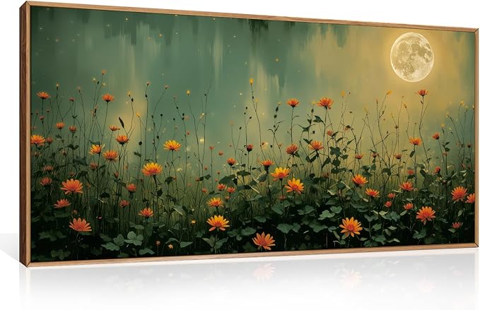 HOURIA Mystical Midnight Wildflower Framed Canvas Wall Art Set,Moonlit Orange Floral Wall Decor,Nature Inspired Landscape Artwork,Watercolor Art Prints for Living Room,Bedroom,Farmhouse- 20"×40"×1