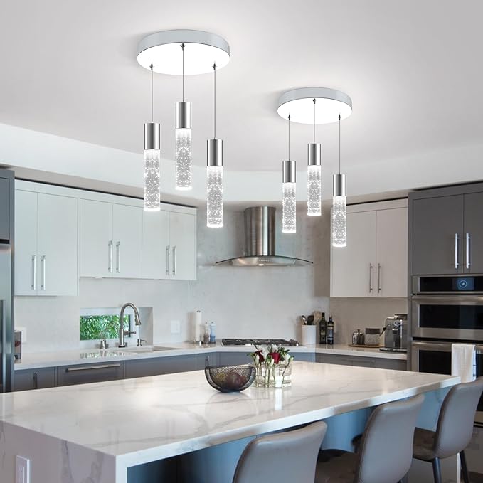 OKELI Smart Dimmable LED 3-Light Pendant Light for Kitchen Island, 18W 1350LM Modern Bubble Crystal Island Light Fixture with TUYA App & Voice Control, Adjustable 3000K-6000K, Electro-Chrome, Round