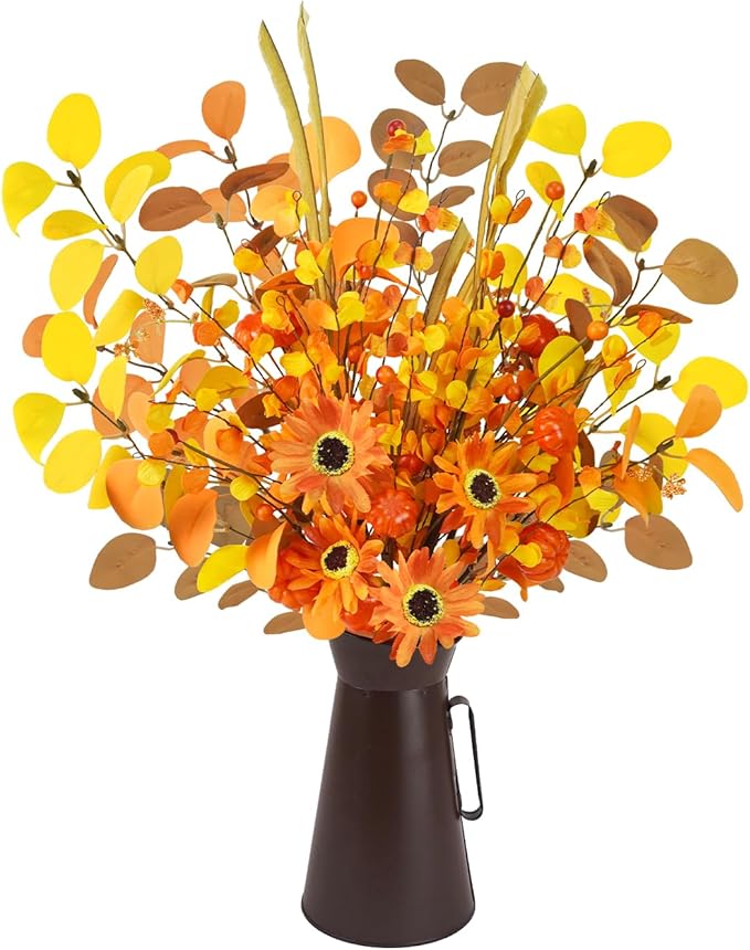 Agusbagli Artificial Fall Flowers with Metal Pot, 22.5" Farmhouse Fall Pumpkin Arrangement with Eucalyptus Leaves Fake Fall Plants Autumn Flowers in Vase for Table Centerpieces Harvest Home Decor