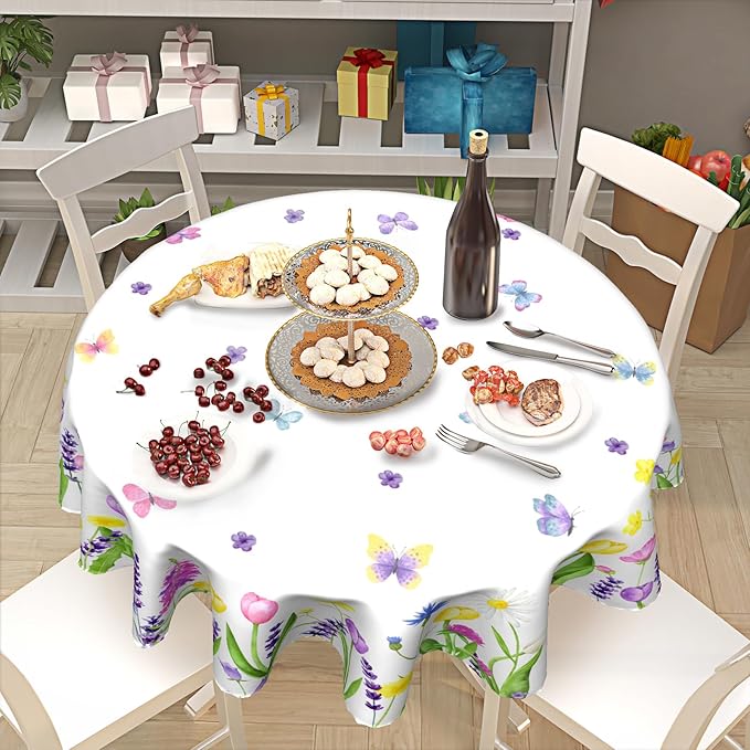 Kawani Spring Floral Tablecloth Round 60 Inch Watercolor Butterfly Flower Table Cloth Round Cover Washable Spring Farmhouse Table Covers for Rooms Kitchen Dinner Holiday Picnic Party Outdoor Decor