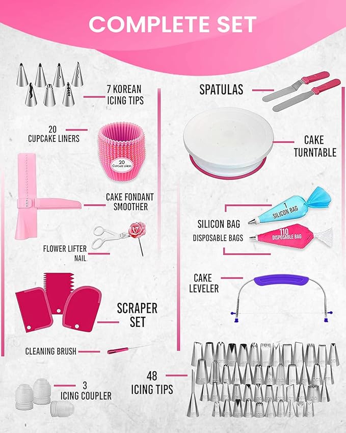 RFAQK 200PCs Cake Decorating Kit for Beginners with Turntable for Decoration - Piping Bags and Tips Set (110+55), Straight & Offset Spatula, Leveler, Video Course, Pattern Chart & More Baking Supplies