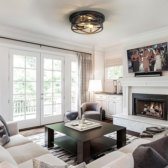 Black Flush Mount Ceiling Light Fixture,2-Light Industrial Farmhouse Ceiling Light Fixture，Black Light Fixture Ceiling Mount for Kitchen Bedroom Living Room Hallway 1 Pack