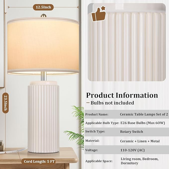 23.5’’ Beige Modern Ceramic Table Lamps Set of 2 for Living Room, Farmhouse Bedside Lamps with Upgraded White Linen Shade, Rustic Nightstand Lamps for Bedroom Home Office, Vintage End Table Dorm
