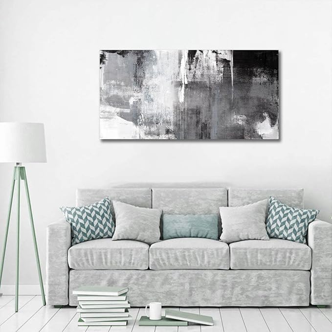Kureful Black Abstract Wall Art Decor Grunge Room Decor Art Grey Canvas Wall Decoration 20" x 40" Painting Black And White Artwork for Bedroom Home Office Dining Room Decoration